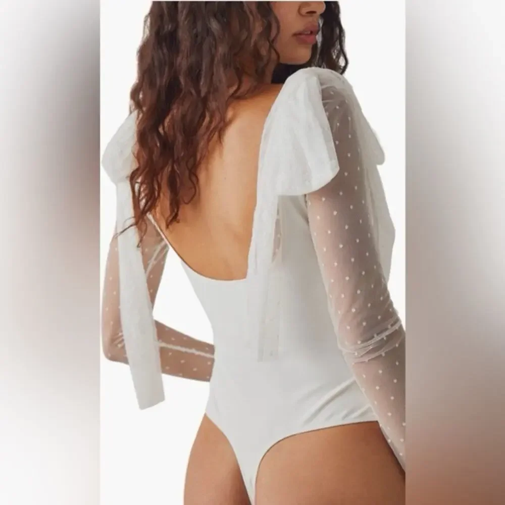 Free People TongueTied Mesh Lace Sleeve Tie Shoulder Bodysuit Ivory Size Medium